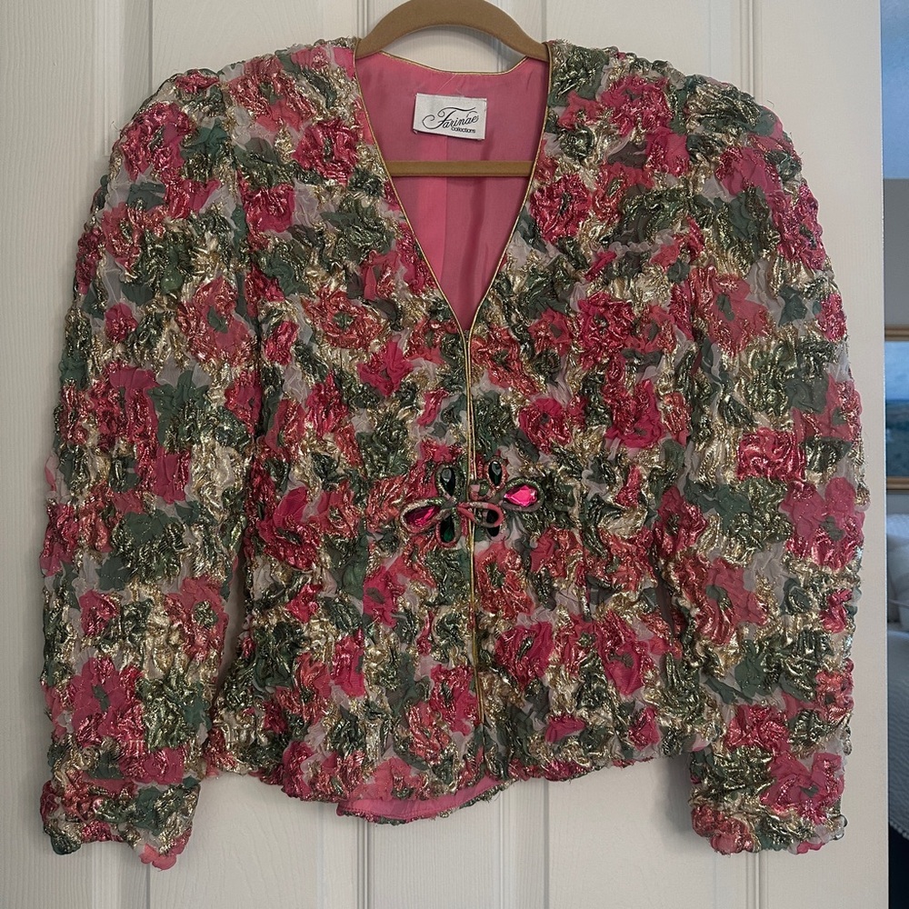 Teri Jon Pink, Green & Gold Textured Floral Jacket